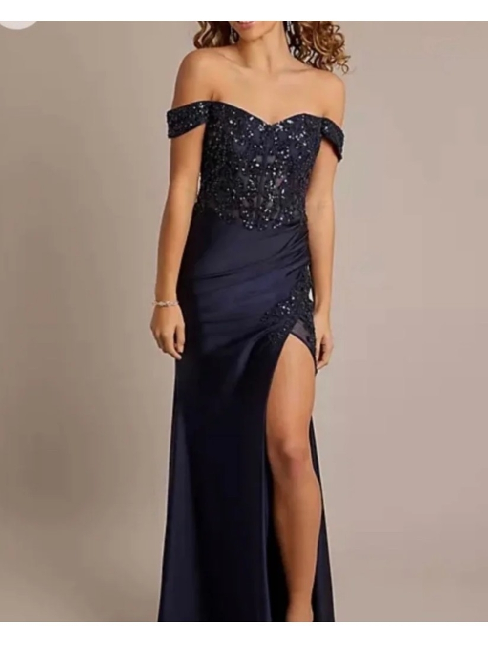 David's Bridal Off-Shoulder Navy Beaded Prom Gown